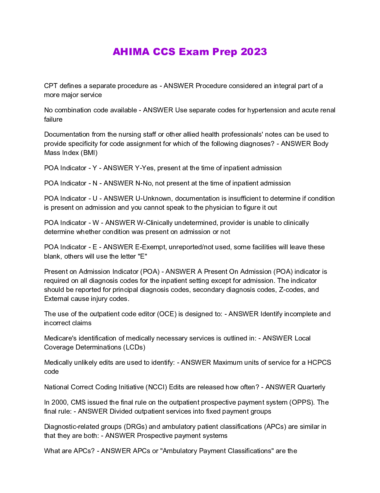 Preview image of AHIMA CCS Exam Prep 2023 document